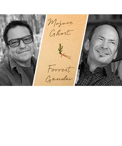 triptych of the two speakers flanking the cover of Forrest's book
